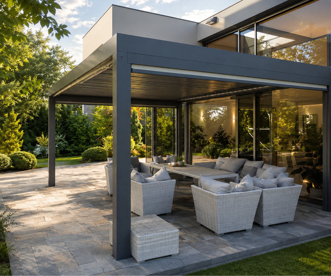 Pérgola de aluminio sobre zona de descanso