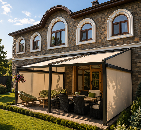Pérgola-toldo de lona, adosada a pared