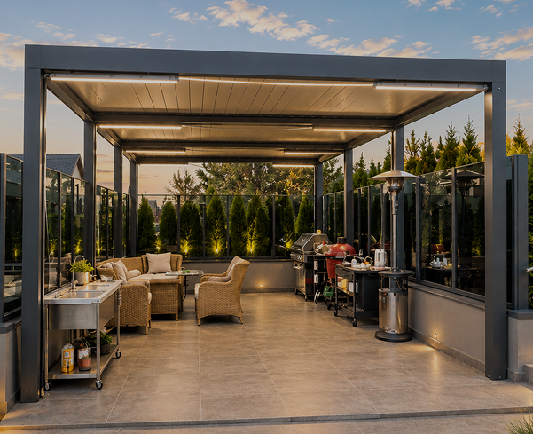 Pérgola de aluminio en terraza con barbacoa