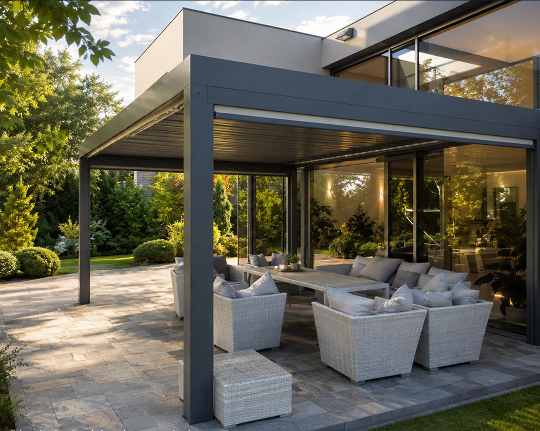 Pérgola de aluminio sobre zona de descanso