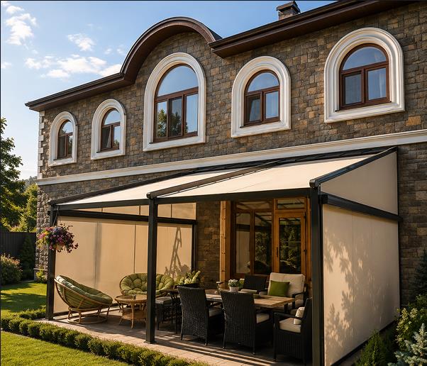 Pérgola-toldo de lona, adosada a pared