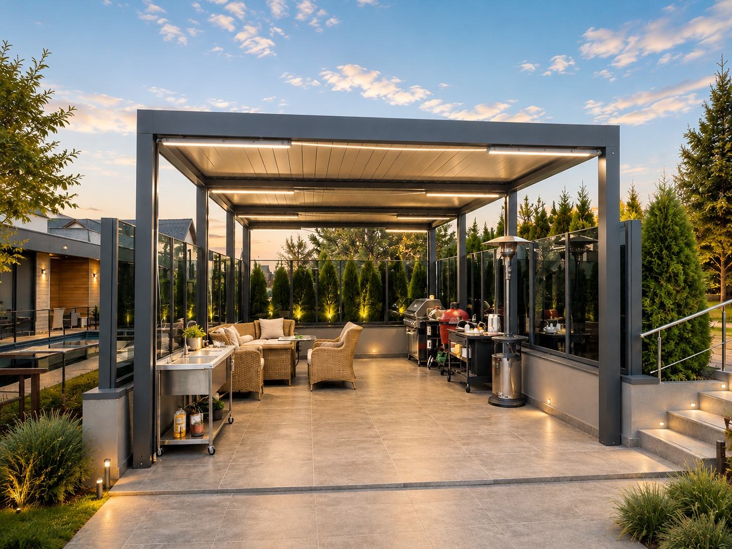 Pérgola de aluminio con lamas iluminadas en una terraza
