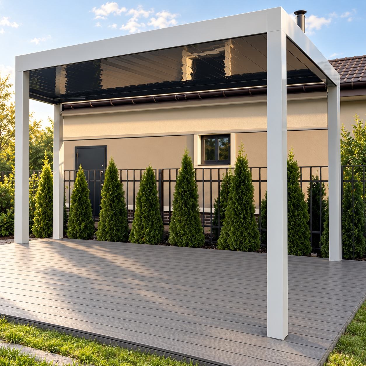 Pérgola blanca de aluminio junto a una vivienda