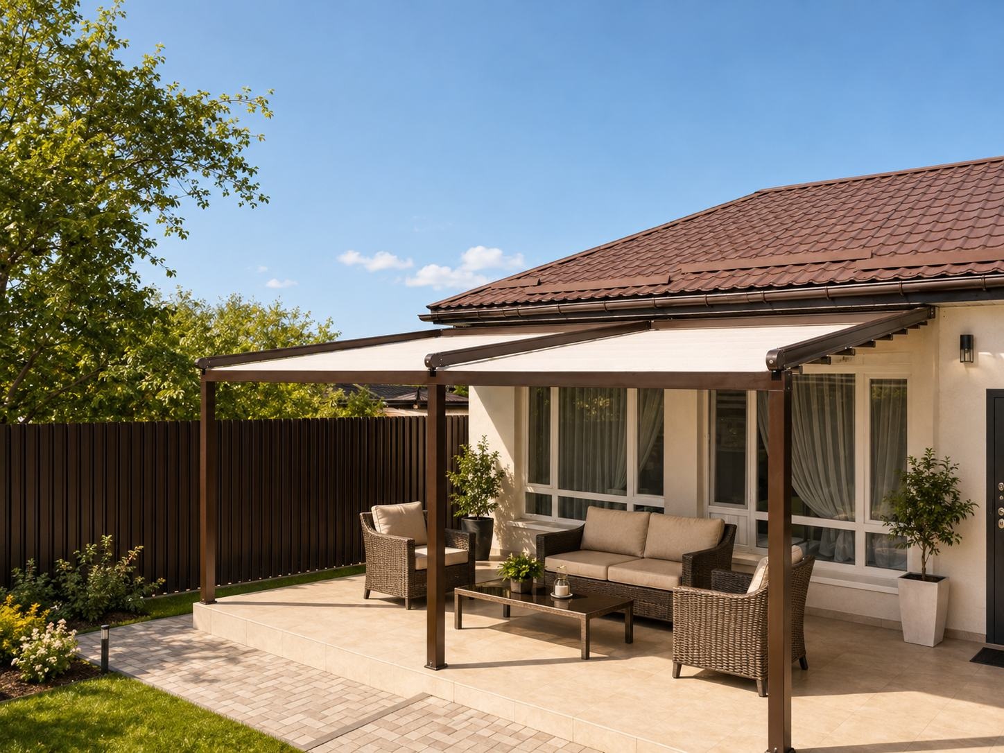 Pérgola de lona instalada junto a una vivienda