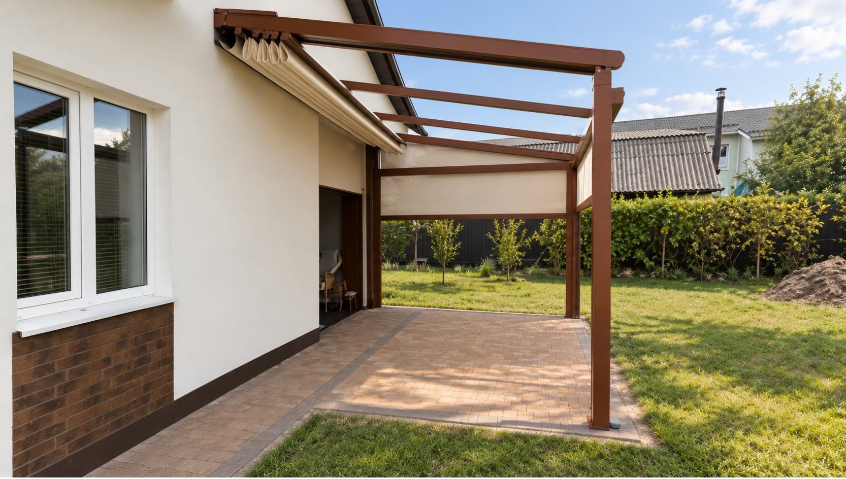 Pérgola de lona recogida